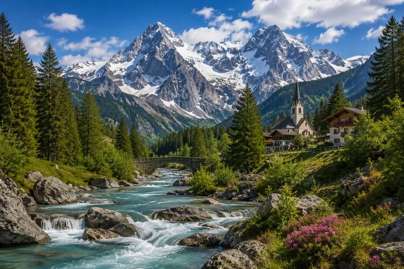 Italian Alps and mountain village